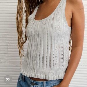 American Eagle Henley Pointelle Sweater T-Shirt, Light Heather Gray